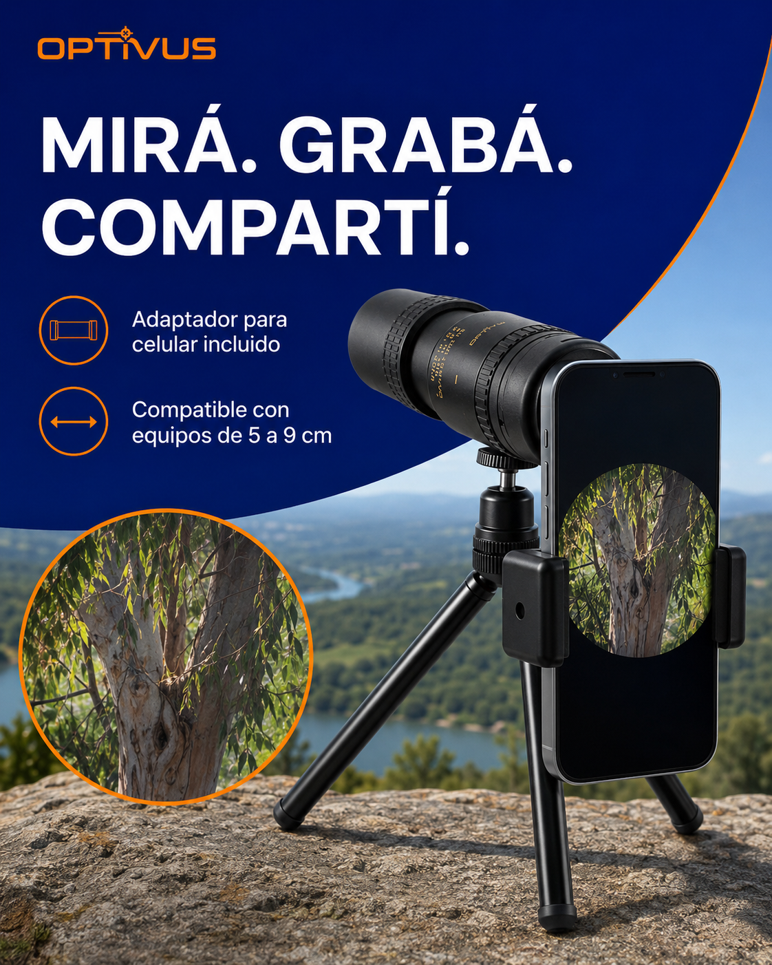 Monocular Optivus con Zoom, Trípode y Adaptador para Celular