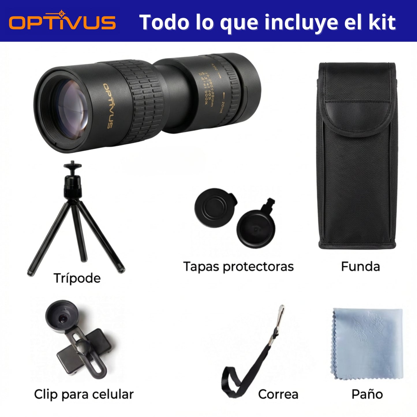 Monocular Optivus con Zoom, Trípode y Adaptador para Celular