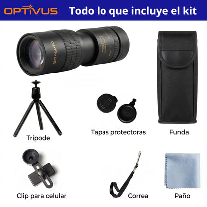 Monocular Optivus con Zoom, Trípode y Adaptador para Celular